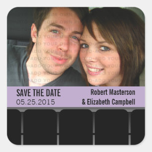Movie Theater Foto Save the Date Stickers, Lilac Quadratischer Aufkleber