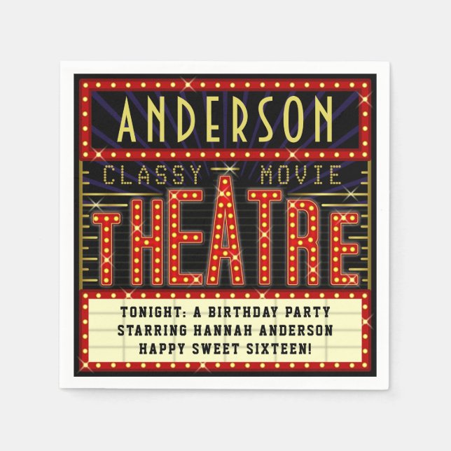 Movie Theater Marquee Kino Geburtstagsparty | Name Serviette (Vorderseite)