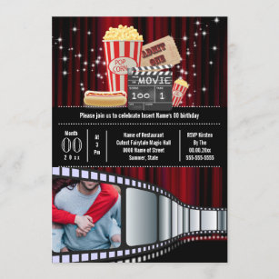 Movie Theme Foto Strip Kino Popcorn Party Einladung