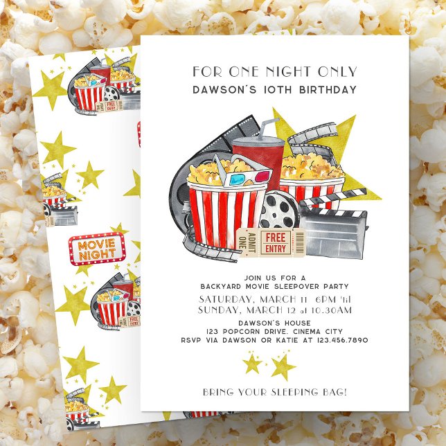 Movie Themed Backyard Sleepover Party Geburtstag Einladung (For One Night Only Backyard Movie Sleepover invite from my Kids Birthday Invitation collection)