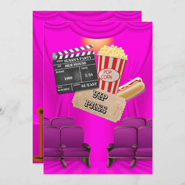 Movie VIP Popcorn Ticket Klappbrett Mädchen Party Einladung (Vorne/Hinten)