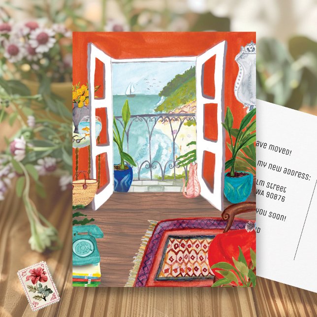 MOVING ANNOCEMENT Custom New Address Watercolor Postkarte (MOVING ANNOUNCEMENT Custom New Address Watercolor Living Room Cute Postcard
)