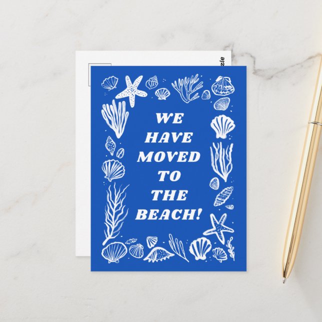 MOVING ANNOUNCEMENT ADDRESS Blue Seashells Beach Postkarte (Vorderseite/Rückseite Beispiel)