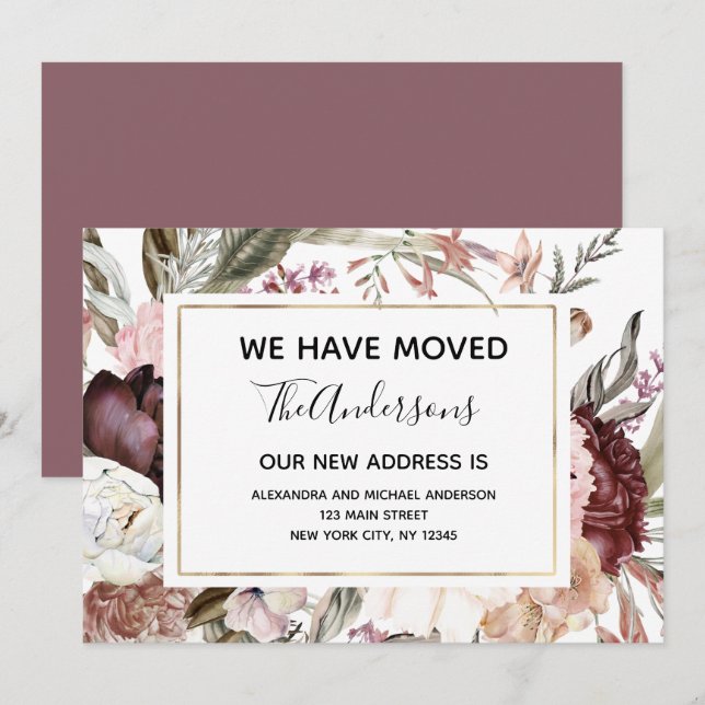 Moving Announcement Boho Mauve Floral Einladung (Vorne/Hinten)