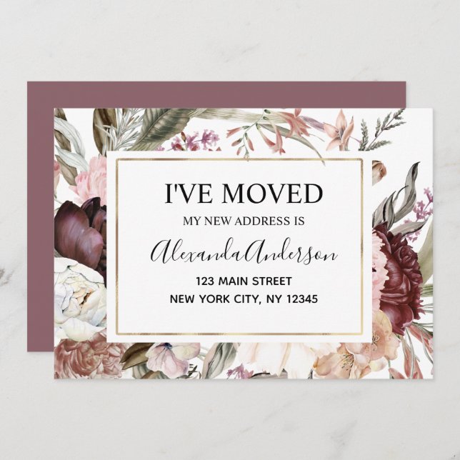 Moving Announcement Boho Mauve Floral Einladung (Vorne/Hinten)