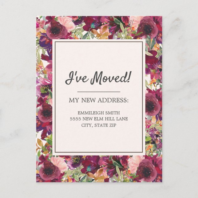 Moving Announcement Burgundy Blush Pink Floral Postkarte (Vorderseite)