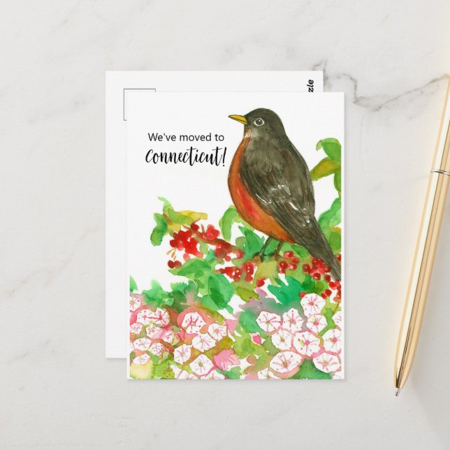 Moving Announcement Connecticut Robin Laurel Postkarte (Vorderseite/Rückseite Beispiel)