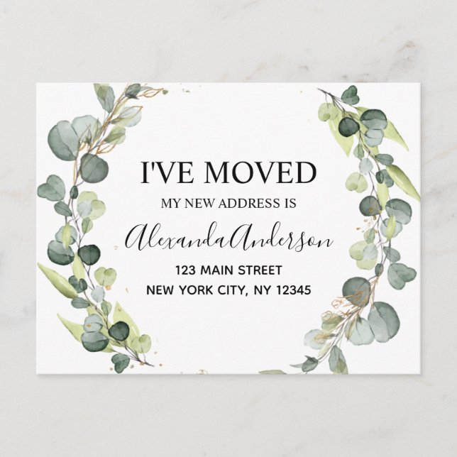 Moving Announcement Eukalyptus Greenery Wasserfarb Ankündigungspostkarte (Vorderseite)