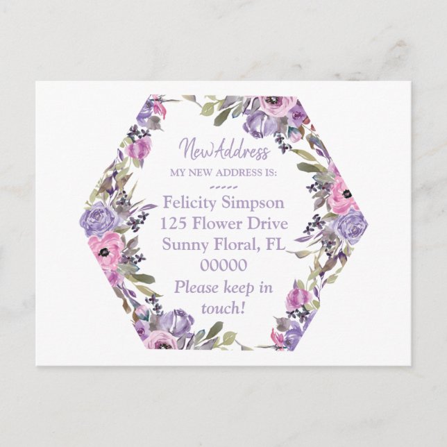 Moving Notice New Address|Lila Floral Geometric Postkarte (Vorderseite)