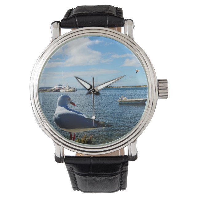 Möwe, Boote und Ozean, Armbanduhr (Vorderseite)