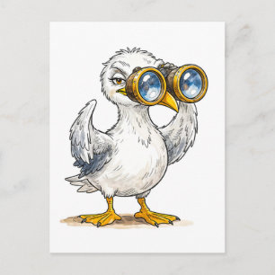 Möwe, die durch ein Fernglas an die Küste schaut Postkarte