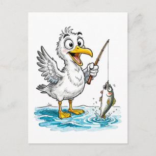 Möwe fischt mit Angel in flachem Wasser Postkarte