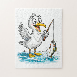 Möwe fischt mit Angel in flachem Wasser Puzzle