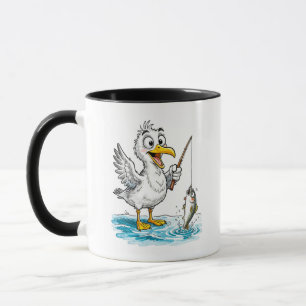 Möwe fischt mit Angel in flachem Wasser Tasse