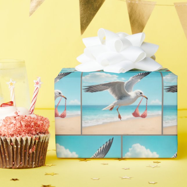 Möwe fliegt mit Bikini-Oberteil Geschenkpapier (Geburtstagsparty)
