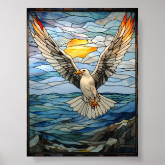 Möwe fliegt über Ozean Buntglas Sonnenuntergang Ku Poster