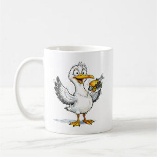 Möwe hält Fischsandwich an der Küste Kaffeetasse