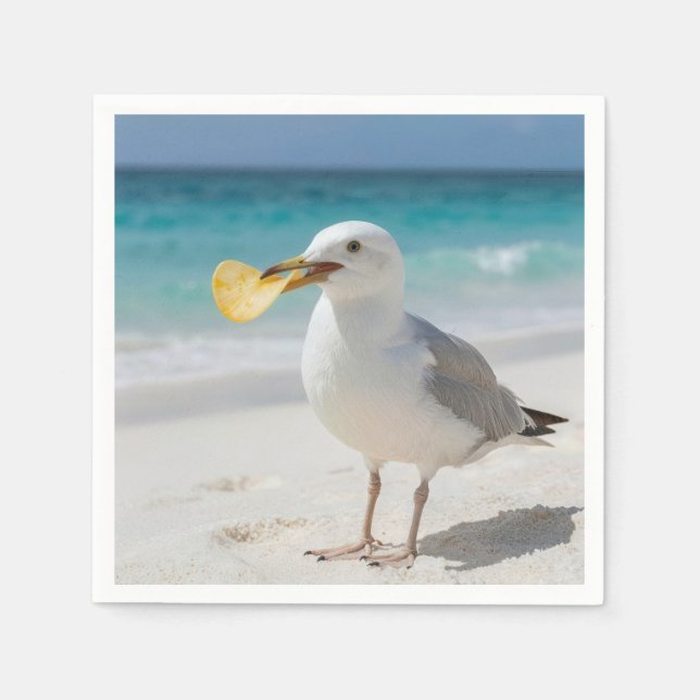 Möwe mit einer Kartoffelchip Serviette (Vorderseite)