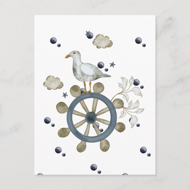 Möwe nimmt eine Mitfahrt Postkarte (Vorderseite)