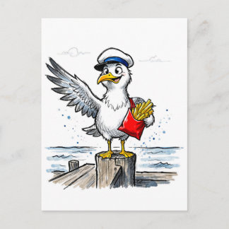 Möwe stiehlt Pommes Frites Marine-Tinte Illustrati Postkarte