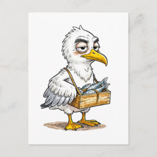 Möwe trägt Fischkiste an der Küste Postkarte