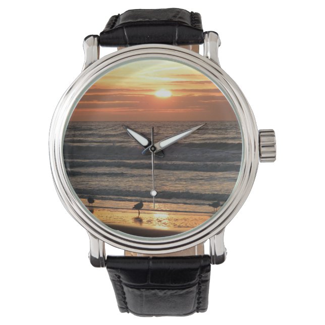Möwen am Meer bei Sonnenuntergang Armbanduhr (Vorderseite)
