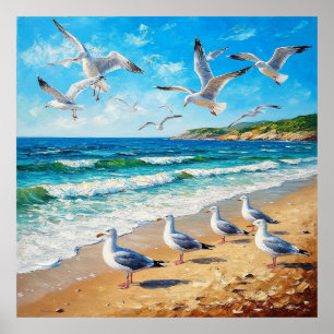 Möwen an einer Küstenlinie mit Meereswellen Poster