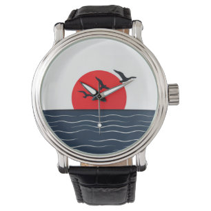 Möwen auf roter Sonne mit Ozean Armbanduhr