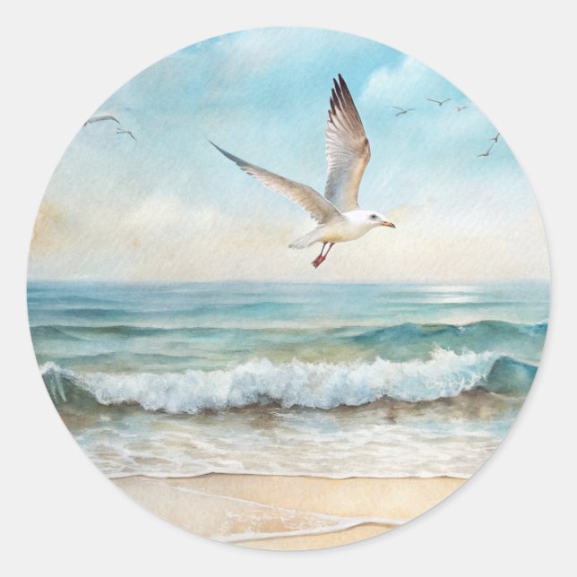 Möwen, die am Strand fliegen Runder Aufkleber (Vorderseite)