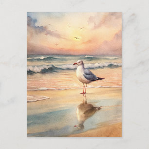Möwen Strand Sonnenuntergang Ozean Aquarellmalerei Postkarte