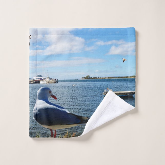 Möwen und Boote im Ozean, Waschlappen (Waschlappen)