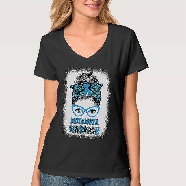 Moyamoya Disease Awareness Messy Bun Blue Ribbon W T-Shirt (Vorderseite)