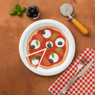 Mozzarella-Pizza mit Tomate und Basilikum Pappteller