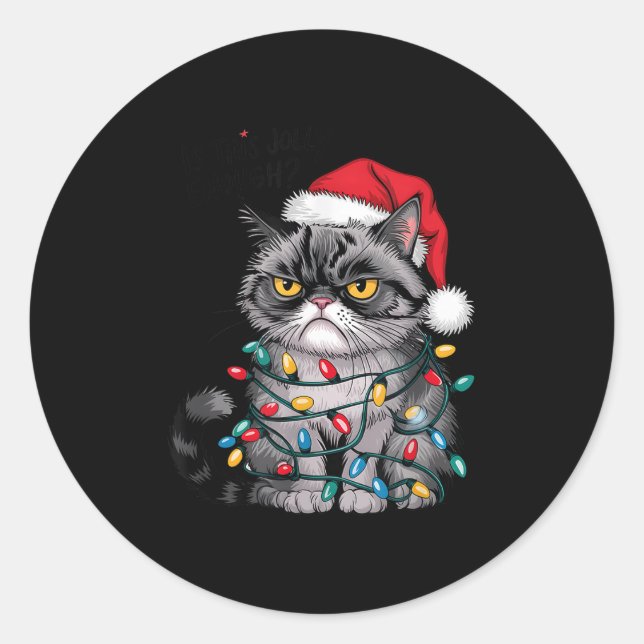 Mpy Christmas Cat Jolly Enough Funny Holiday  Runder Aufkleber (Vorderseite)