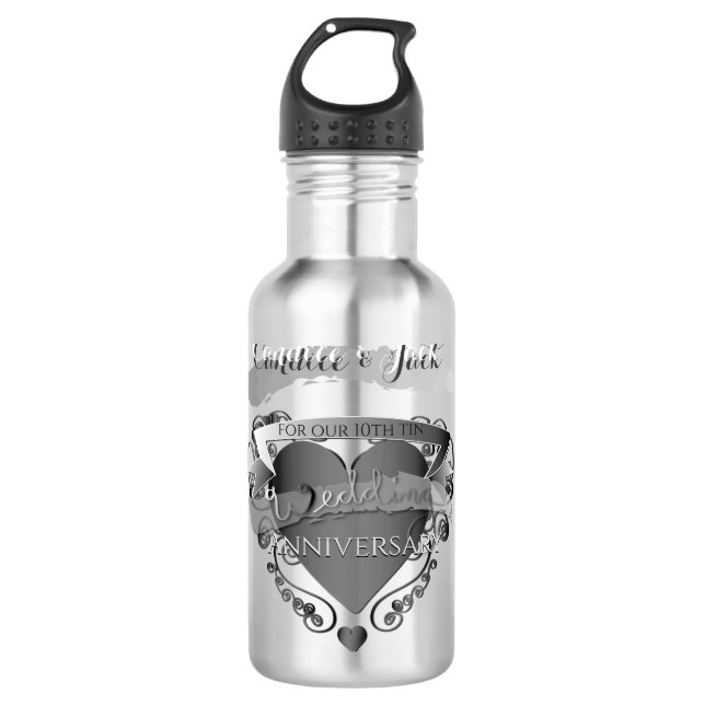 Mr."10 th Tin Wedding Anniversary" 3DHerart Emblem Edelstahlflasche (Vorderseite)