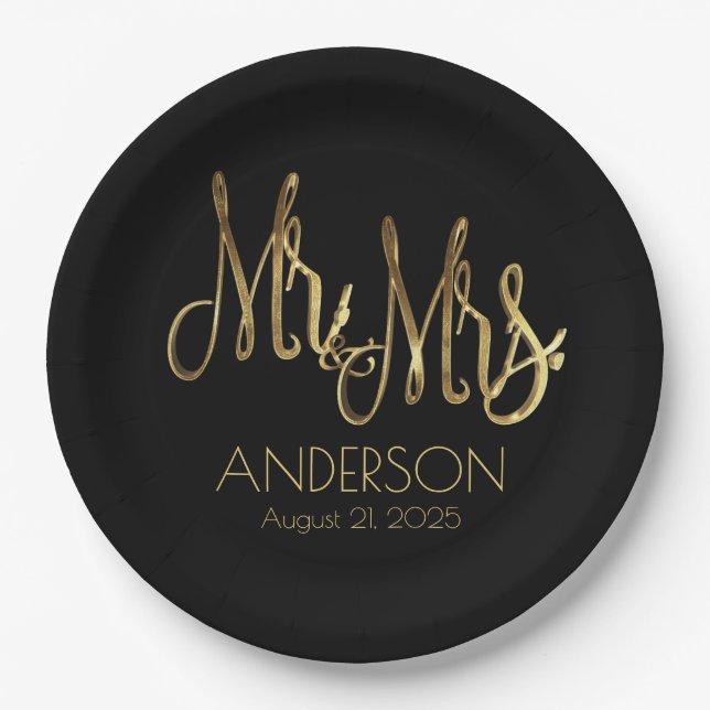 Mr. and Mrs Black and Gold Elegant Add Name Date Pappteller (Vorderseite)