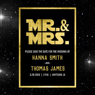 Mr. and Mrs Black Gold Sci Fi Theme Wedding Ankündigungspostkarte