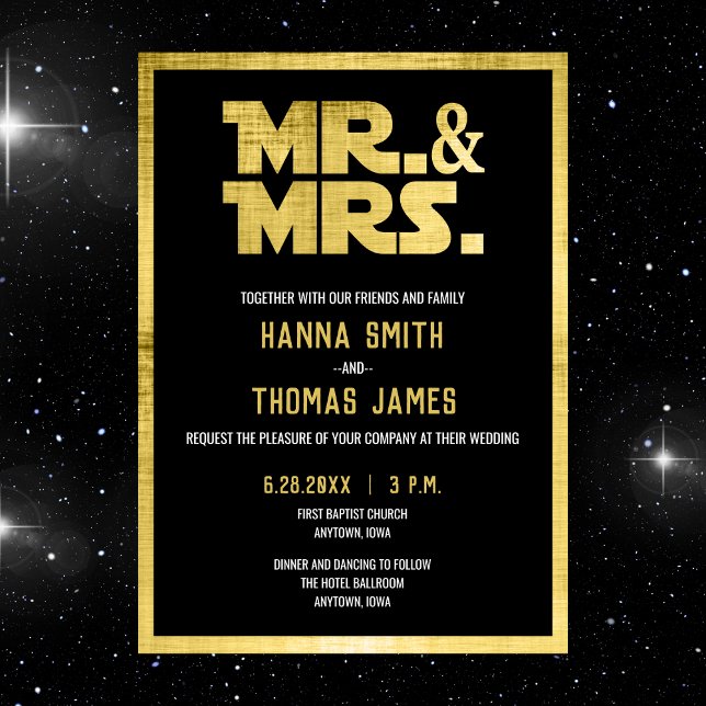 Mr. and Mrs Black Gold Sci Fi Theme Wedding Einladung (sci fi wedding collection)