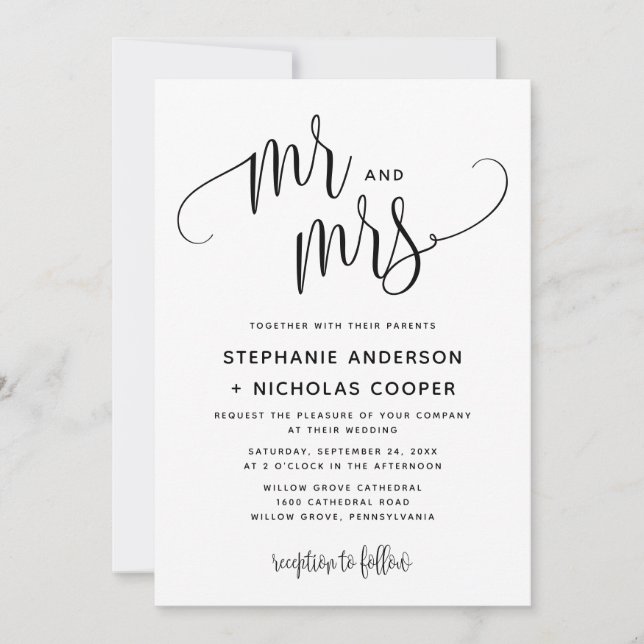 Mr. and Mrs Black Lovely Script Typografy Wedding Einladung (Vorderseite)