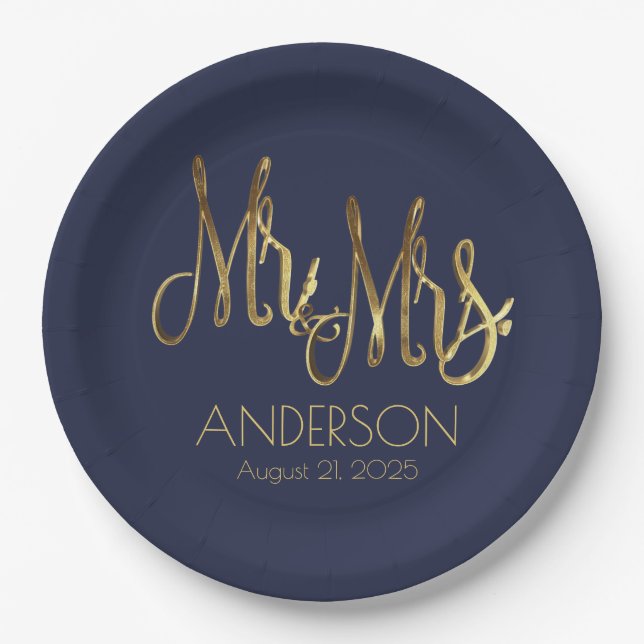 Mr. and Mrs Blue and Gold Elegant Add Name Date Pappteller (Vorderseite)