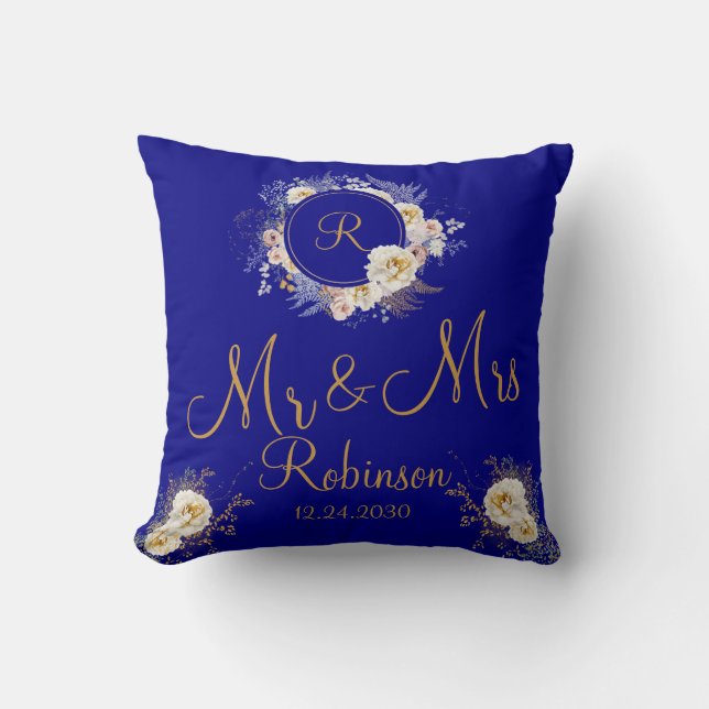 Mr. and Mrs Blue Gold Floral Monogram Logo Kissen (Vorderseite)