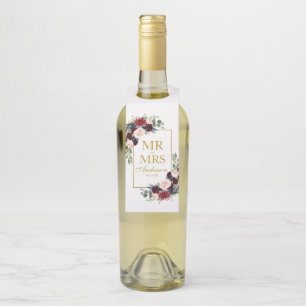 Mr. and Mrs Burgundy Blue Floral Gold Wedding Flaschenanhänger