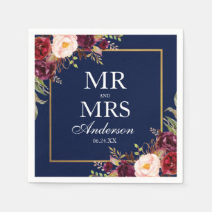 Mr. and Mrs Burgundy Floral Blue Gold Wedding Serviette