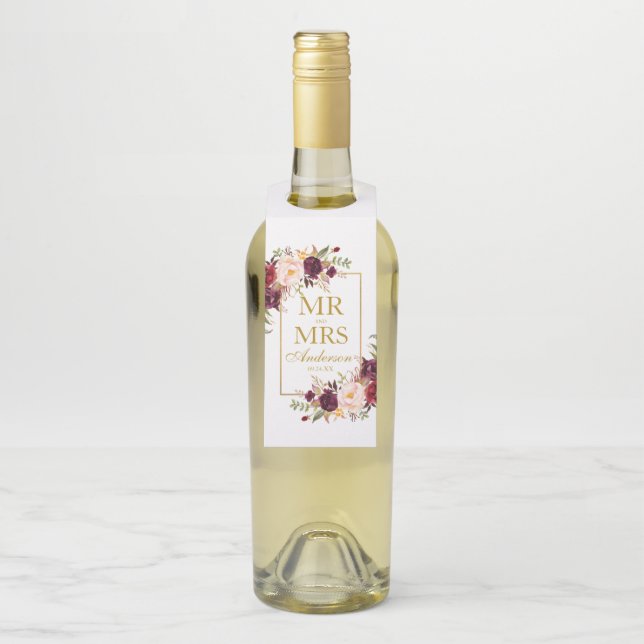 Mr. and Mrs Burgundy Floral Gold Wedding Flaschenanhänger (Auf Flasche)