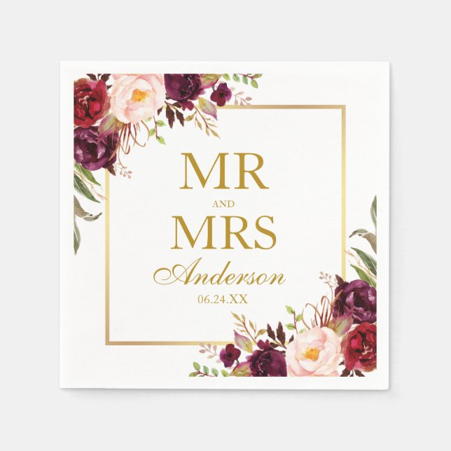 Mr. and Mrs Burgundy Floral Gold Wedding Serviette (Vorderseite)
