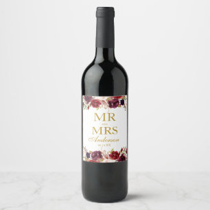 Mr. and Mrs Burgundy Floral Gold Wedding Weinetikett
