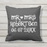 Mr. and Mrs. chalkboard Hochzeit im Freien Kissen<br><div class="desc">Custom Mr. und Mrs. Black Chalkboard Hochzeit im Freien werfen Kissen. Personalisierte Kreidekissen mit schwarzem Kreidebrett für den Außenstuhl, das Sofa oder das Bett. Spaß Vintages Design mit weißem Herzen, Ehedatum und Name des neuen Ehepaares. Niedliche Wohngestaltung personalisiert für Braut und Bräutigam / Ehemann und Ehefrau. Romantische rustikale Hochzeitsgeschenke für...</div>