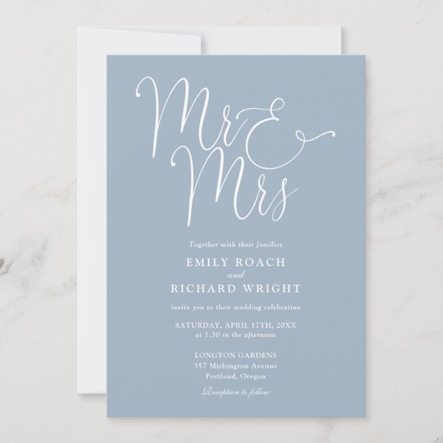 Mr. And Mrs. Elegant Script Dusty Blue Wedding Einladung (Vorderseite)