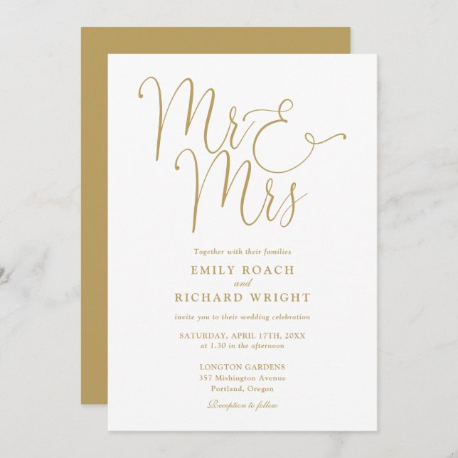 Mr. And Mrs. Elegant Script Gold Wedding Einladung (Vorne/Hinten)