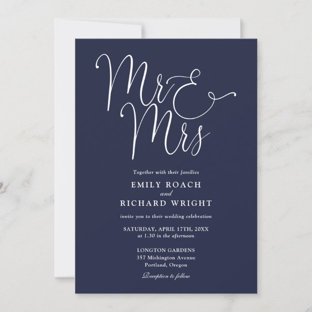 Mr. And Mrs. Elegant Script Navy Blue Wedding Einladung (Vorderseite)